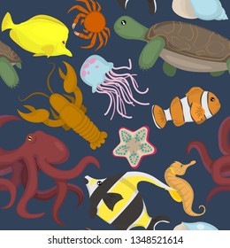 Seamles pattern with different ocean dwellers. Vector.