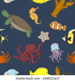 Seamles pattern with different ocean dwellers. Vector.