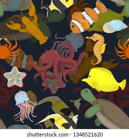 Seamles pattern with different ocean dwellers. Vector.