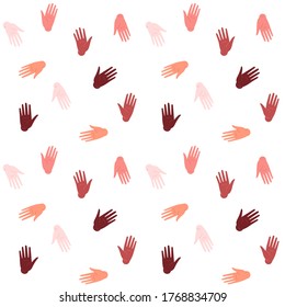 Seamles pattern of differently rotated palms of different skin tones on a white background