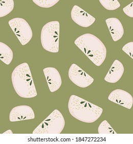 Seamles pattern with doodle pink random apple slices elements. Green pastel background. Graphic design for wrapping paper and fabric textures. Vector Illustration.