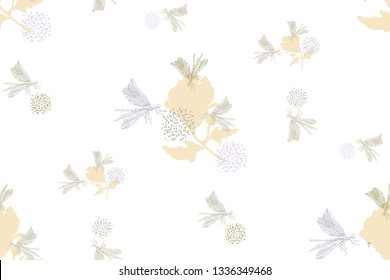 Seamles pattern of dragonfly and flowers. Pastel color, on white background. Handdrawing insect and textures. Sample in file.