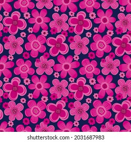 Seamles pattern flower hippie style.Hand drawn print of textile.Vintage floral design 1960s.Vector illustration.