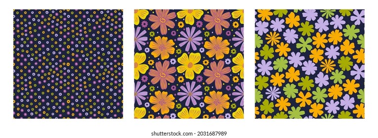 Seamles pattern flower hippie style.Hand drawn print of textile.Vintage floral design 1960.Vector illustration.