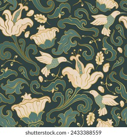 Seamles pattern with flowers and birds. Green floral background. Template for wallpaper, textile, shawl, carpet and any surface. 