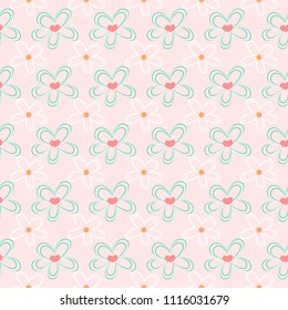 Seamles pattern with flowers and hearts. Vector illustration.