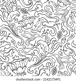 Seamles pattern with flowers and hummingbird. Black and white background. Coloring book page.  