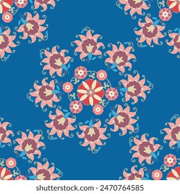 Seamles pattern - flowers and leaves in blue bakcground. This is part of suzani carpet - traditional textile product in Uzbekistan.	