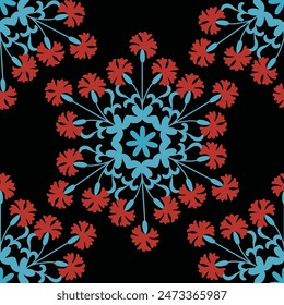 Patrón Seamles - flores y hojas en fondo azul. Esto es parte de la alfombra suzani - producto textil tradicional en Uzbekistán.	