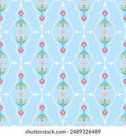 Seamles pattern - flowers and leaves in blue bakcground. This is part of suzani carpet - traditional textile product in Uzbekistan.	