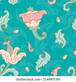 Seamles pattern with flowers. Turquoise floral background. Template for wallpaper, textile, shawl, carpet and any surface. 