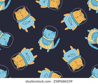 Seamles pattern with Galaxy cats. Cute cats exploring space in a spacesuit. Cosmic cats pattern.