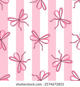 Seamles pattern with girly bows on a pink striped background. Pink bows print. Vector background with coquette ribbons in vintage style.