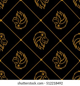 Seamles pattern with gold lion heads on black background