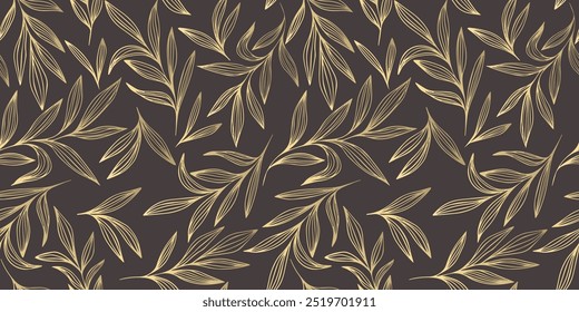 Padrão de emendas com folhas douradas no fundo escuro, padrão linear desenhado à mão natural de luxo	
