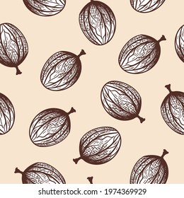 Seamles Pattern Of Gooseberry. Hand Drawn Sketch. Retro Vintage Design. Vector Illustration.