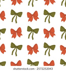 Seamles Pattern with green and red Bows. Cute Bows textile printing, baby clothes and wallpaper. Vector illustration on a white background