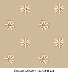 Seamles pattern with groovy daisy flowers in doodle style. Retro floral vector background surface design for textile, stationery, wrapping paper, covers in 1970s style.