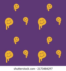 Seamles pattern with groovy melting smile face in doodle style. Retro vector background surface design for textile, stationery, wrapping paper, covers in 1970s style.