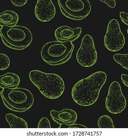 Seamles Pattern with Hand Drawn Green Color Avocado Fruits, Whole and Halved. Sketch Like Illustrations of Avocado Placed on Dark Background. Seamless Pattern for Fabric, Packaging Paper and such