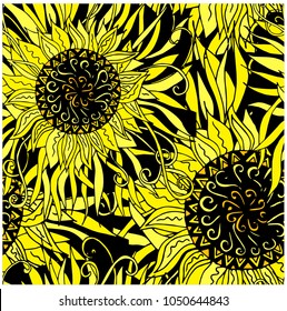 Seamles pattern hand drawn vector black and yellow mandala, doodle style design element, ethnic amulet for print, for web