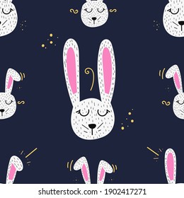 Seamles pattern with hand drawn white bunny for wrapping and celebration Easter holiday. Decorative season texture for ornament