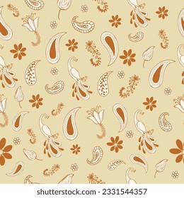 Seamles pattern with hand-drawn paisley, flowers and peacocks. good for fabric and other prints