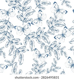 Seamles pattern with  leaves and butterflies .