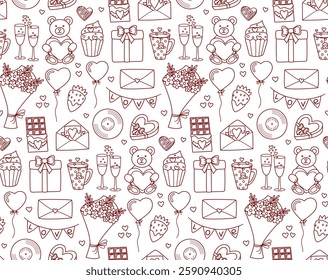 Seamles pattern with linear elements for Valentine's Day. Romantic pattern in doodle style