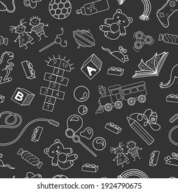 Seamles Pattern with objects about childhood. Toys, constructor, pencil, drawings, cube, bubbles, train, rainbow, mouse, candy, joystick, ball. Vector illustration, book. Childish. Paper, print design