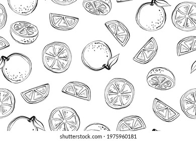 Seamles pattern of oranges, monochrome vector