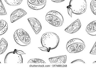 Seamles pattern of oranges, monochrome vector