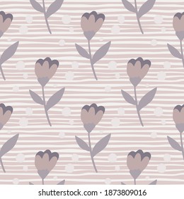 Seamles pattern in pale palette with folk flower shapes. Botanic ornament and stripped background in light purple tones. Perfect for wallpaper, textile, wrapping, fabric print. Vector illustration.