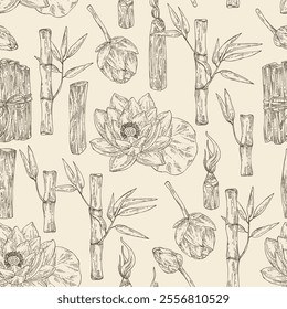 Seamles pattern with perfumery and medical plants: lotus flower, bamboo, palo santo sticks. Vector hand drawn illustration.