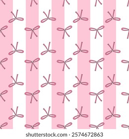 Seamles pattern with pink bows on a striped background. Pink bows print. Vector background with coquette ribbons in retro style.