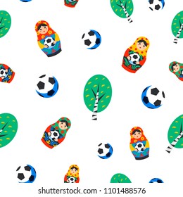 Seamles pattern with Russian Matrioshka, birch and football ball in flat style. Russia symbol with soccer ball. Traditional nesting doll Matreshka with football ball on white background. Vector