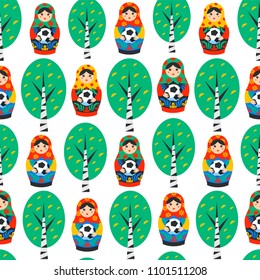 Seamles pattern with Russian Matrioshka, birch and football ball in flat style. Russia symbol with soccer ball. Traditional nesting doll Matreshka with football ball on white background. Vector