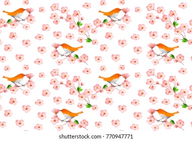 Seamles pattern with sakura and japanese bird. Orange robin sits on blossom cherry branch.