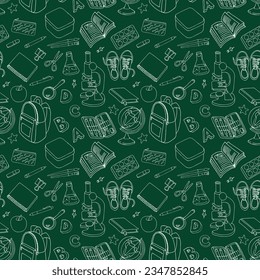 a seamles pattern of school subjects  on the background of the blackboard
