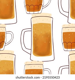 Patrón de sellos con tazas de ilustración estilizadas de cerveza sobre fondo blanco