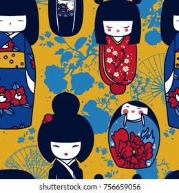 seamles pattern with traditional japanese dolls - kokeshi and sakura flowers, vector illustration in cartoon style