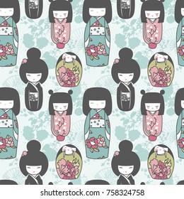 seamles pattern with traditional japanese dolls - kokeshi and sakura flowers, romantic palette, vector illustration in cartoon style