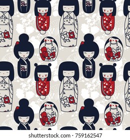 seamles pattern with traditional japanese dolls - kokeshi and sakura flowers, vector illustration in cartoon style