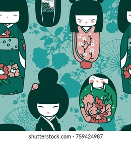 seamles pattern with traditional japanese dolls - kokeshi and sakura flowers, vector illustration in cartoon style