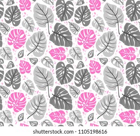 Seamles pattern with tropical leaves. Vector background with monstera leaf. Floral jungle ornament. Texture with tropic plants. Bright pink and gray leaves on a white background.