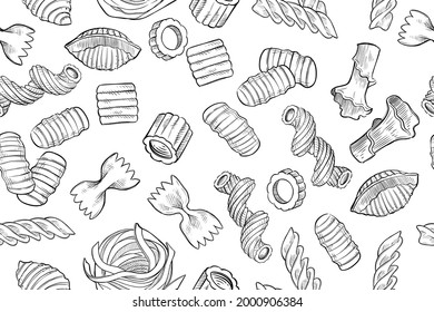 Seamles pattern of various pasta, monochrome, hand drawn vector