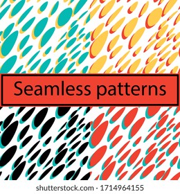 Seamles patterns set with spots for website, postcards, fabric, paper, banner, flyer, brochures, poster. Vector illustration abstract. Turquoise, yellow and red colors.