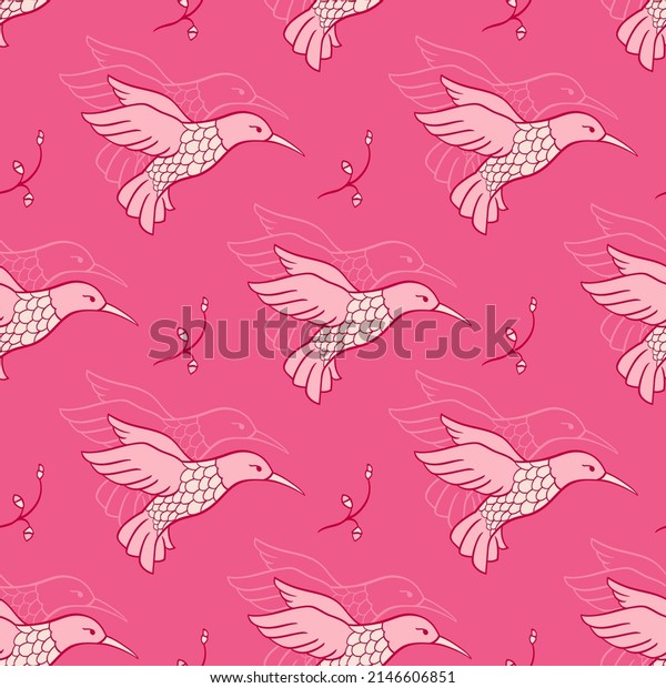 Seamles pink pattern with hummingbird and twigs. Simple color background. Template for wallpaper, textile, bed linen, wrapping. 