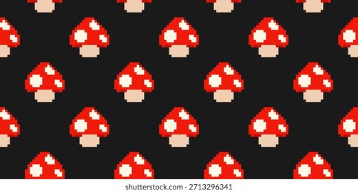 Modelo inconsútil del arte del pixel. Antiguas 8-bit juego de impresión con elemento de seta. Mosca retro agárica sobre el fondo negro.