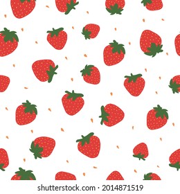 Seamles strawberry pattern isolated on white background, green leaves, vector illustration.Delicious berries background. Suitable for kids textile, wrapping, wallpaper.